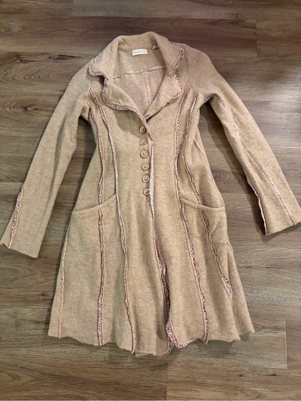 EUC Anthropologie Sleeping on Snow Wool Coatigan - Tan with floral trim